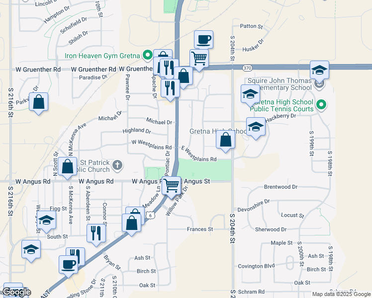 map of restaurants, bars, coffee shops, grocery stores, and more near 404 Chestnut Drive in Gretna