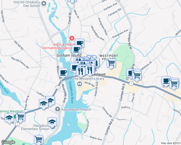 map of restaurants, bars, coffee shops, grocery stores, and more near 7 Sconset Square in Westport