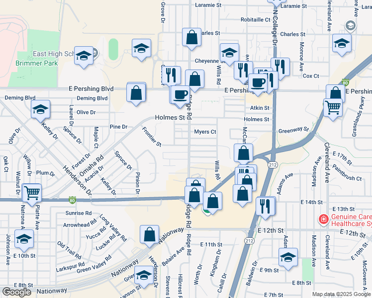 map of restaurants, bars, coffee shops, grocery stores, and more near 3321 Frontier Street in Cheyenne
