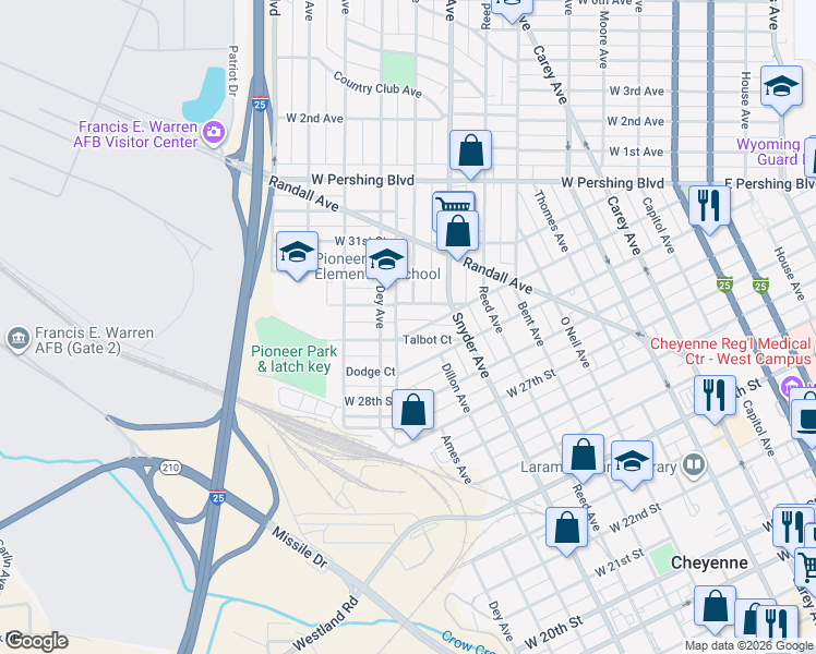 map of restaurants, bars, coffee shops, grocery stores, and more near 1010 West 30th Street in Cheyenne