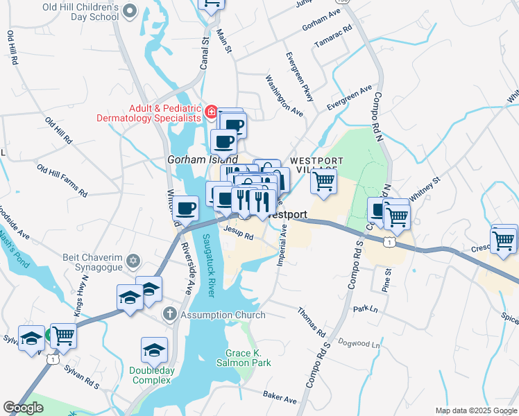 map of restaurants, bars, coffee shops, grocery stores, and more near 7 Sconset Square in Westport