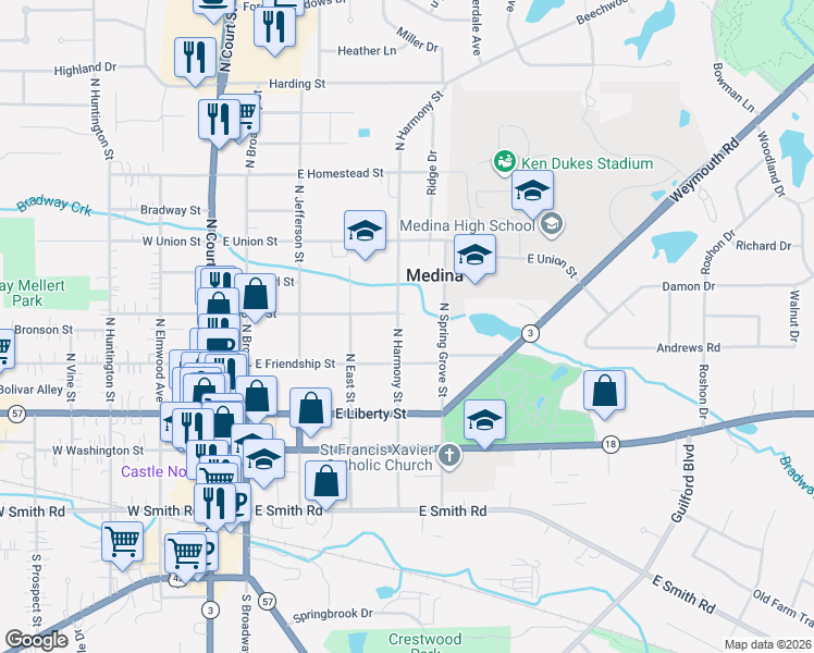 map of restaurants, bars, coffee shops, grocery stores, and more near 252 North Harmony Street in Medina