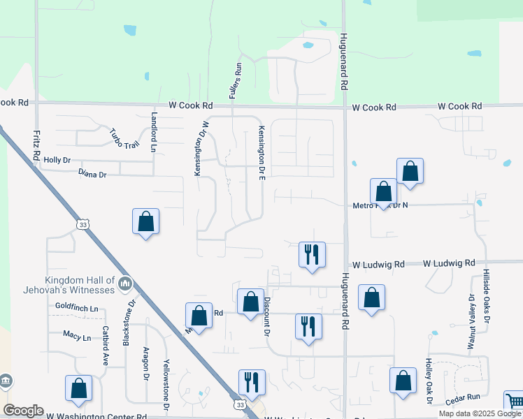 map of restaurants, bars, coffee shops, grocery stores, and more near 6823 Kensington Drive East in Fort Wayne