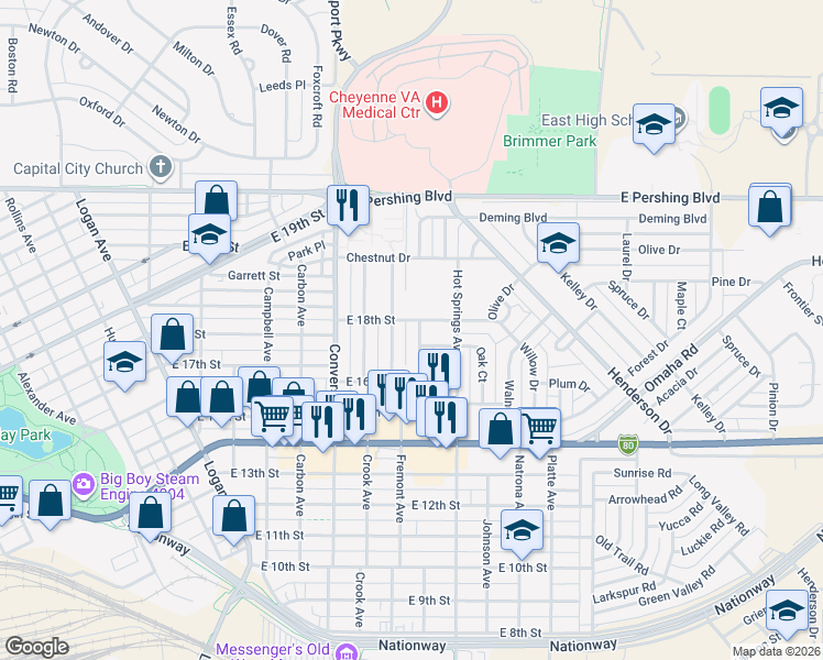 map of restaurants, bars, coffee shops, grocery stores, and more near in Cheyenne