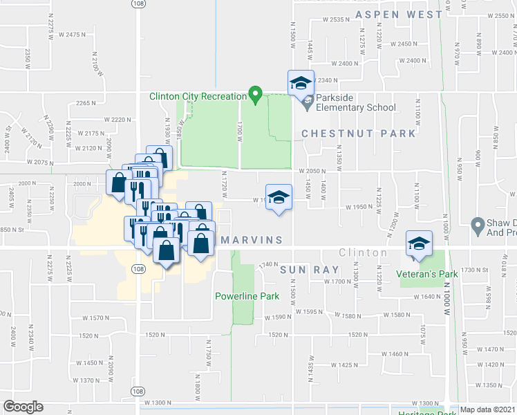 map of restaurants, bars, coffee shops, grocery stores, and more near North 1615 West in Clinton