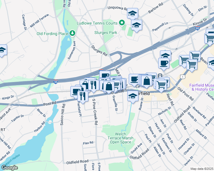 map of restaurants, bars, coffee shops, grocery stores, and more near 85 Mill Plain Road in Fairfield