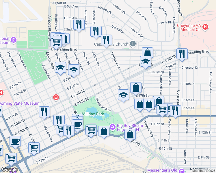 map of restaurants, bars, coffee shops, grocery stores, and more near 1902 Rollins Avenue in Cheyenne