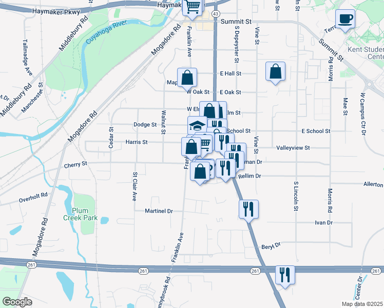 map of restaurants, bars, coffee shops, grocery stores, and more near 1319 Franklin Avenue in Kent