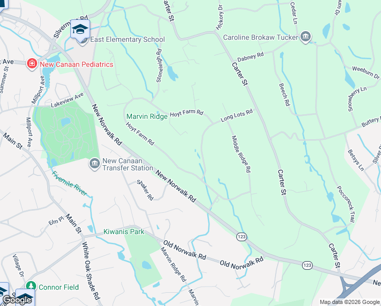 map of restaurants, bars, coffee shops, grocery stores, and more near 56 Long Lots Road in New Canaan