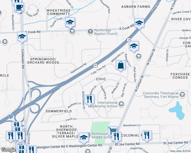 map of restaurants, bars, coffee shops, grocery stores, and more near 1319 Cinnamon Road in Fort Wayne