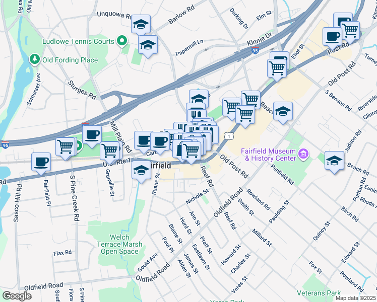 map of restaurants, bars, coffee shops, grocery stores, and more near 54 Miller Street in Fairfield