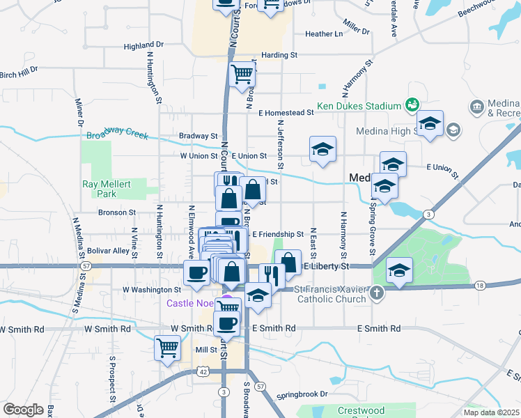 map of restaurants, bars, coffee shops, grocery stores, and more near 244 North Broadway Street in Medina