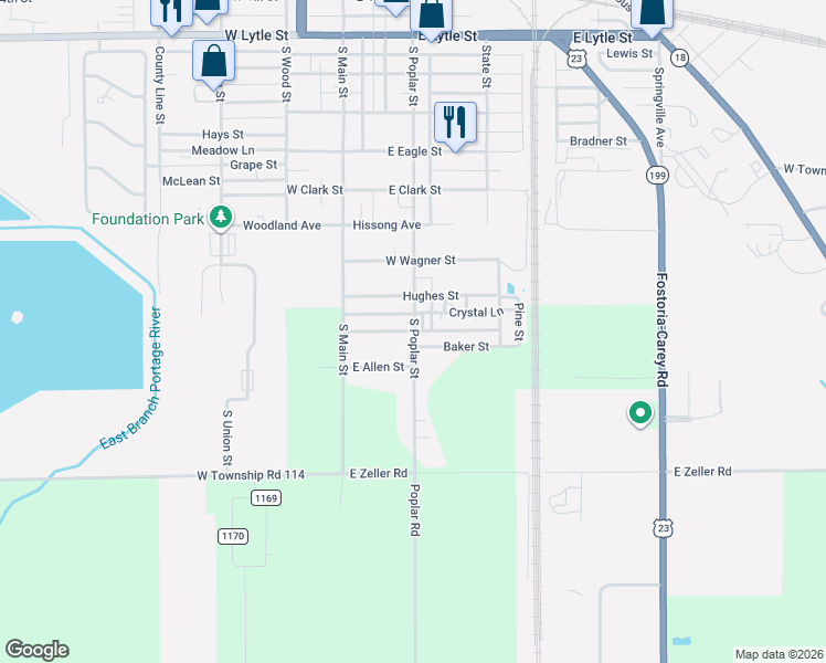 map of restaurants, bars, coffee shops, grocery stores, and more near 12501 West Axline Street in Fostoria