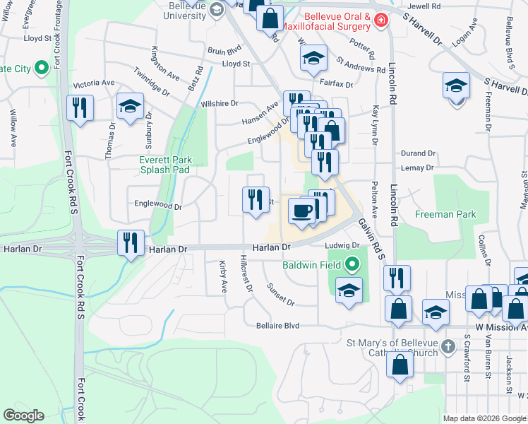 map of restaurants, bars, coffee shops, grocery stores, and more near 1749-1805 Wall Street in Bellevue
