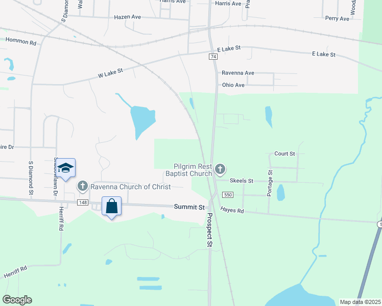 map of restaurants, bars, coffee shops, grocery stores, and more near 5551 South Prospect Street in Ravenna