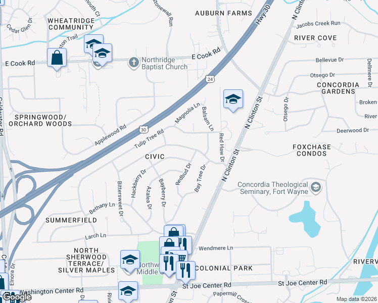 map of restaurants, bars, coffee shops, grocery stores, and more near 1524 Cinnamon Road in Fort Wayne