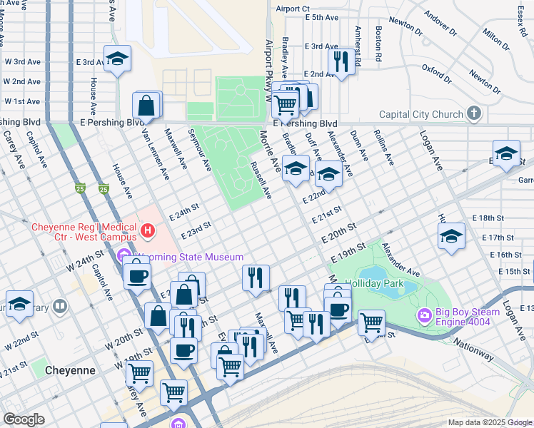 map of restaurants, bars, coffee shops, grocery stores, and more near 814 East 22nd Street in Cheyenne