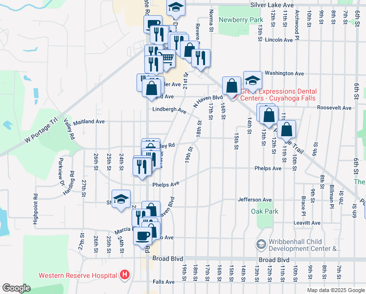 map of restaurants, bars, coffee shops, grocery stores, and more near 2493 North Haven Boulevard in Cuyahoga Falls