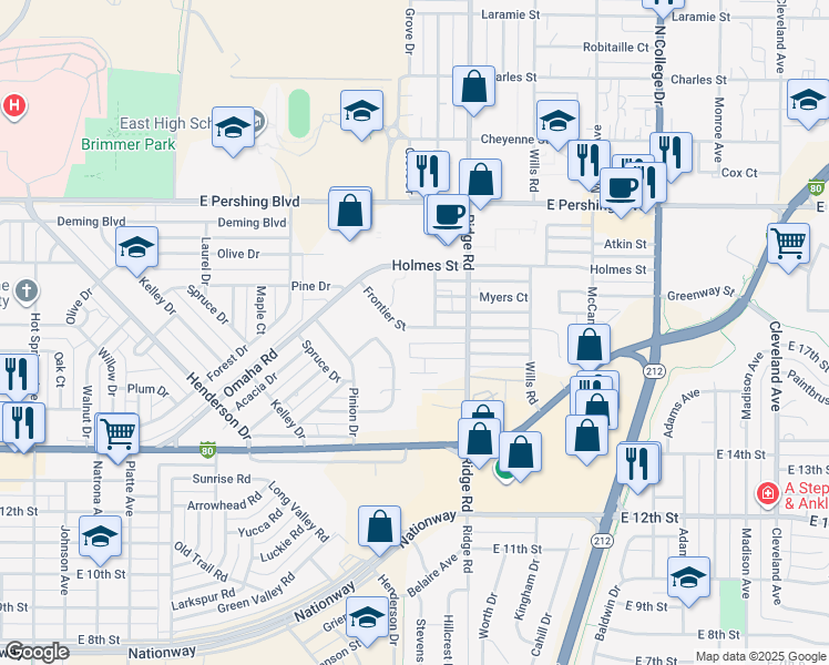map of restaurants, bars, coffee shops, grocery stores, and more near 3207 Frontier Street in Cheyenne