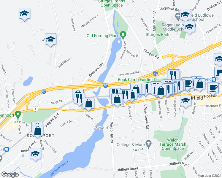 map of restaurants, bars, coffee shops, grocery stores, and more near 284 Linwood Avenue in Fairfield