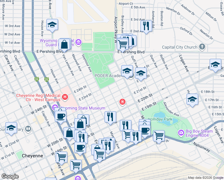 map of restaurants, bars, coffee shops, grocery stores, and more near 814 East 22nd Street in Cheyenne