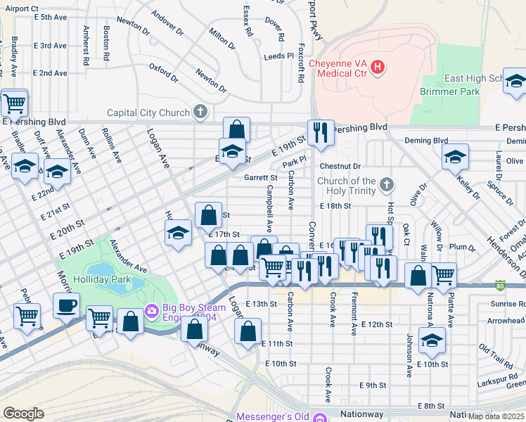 map of restaurants, bars, coffee shops, grocery stores, and more near 1950 East 18th Street in Cheyenne