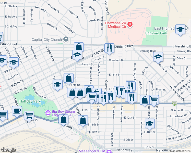 map of restaurants, bars, coffee shops, grocery stores, and more near 2114 East 18th Street in Cheyenne