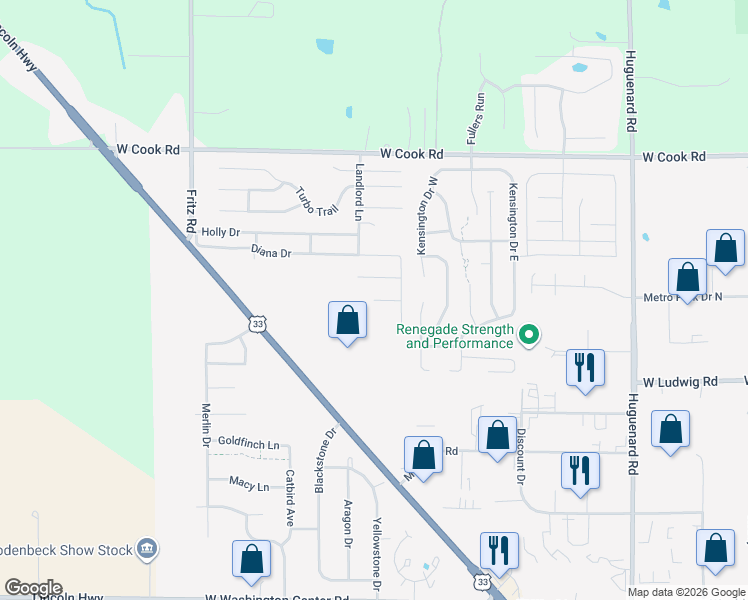 map of restaurants, bars, coffee shops, grocery stores, and more near 4798 Gayle Court in Fort Wayne