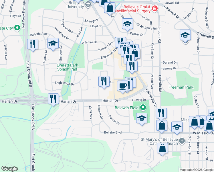 map of restaurants, bars, coffee shops, grocery stores, and more near 1749-1805 Wall Street in Bellevue