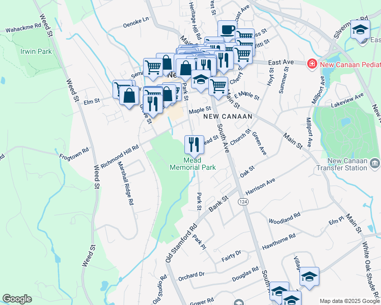 map of restaurants, bars, coffee shops, grocery stores, and more near 211 Park Street in New Canaan