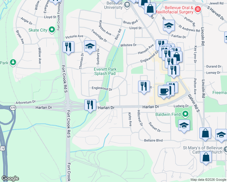 map of restaurants, bars, coffee shops, grocery stores, and more near 1605 Englewood Drive in Bellevue