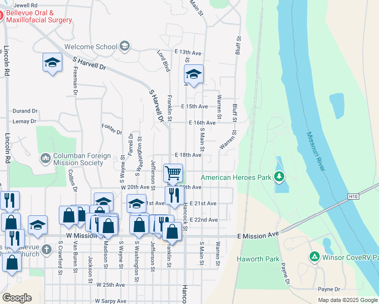 map of restaurants, bars, coffee shops, grocery stores, and more near 1711 Hancock Street in Bellevue