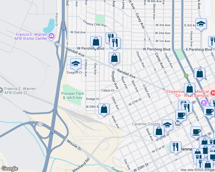 map of restaurants, bars, coffee shops, grocery stores, and more near 1002 W 30th St in Cheyenne