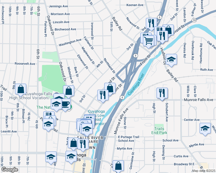 map of restaurants, bars, coffee shops, grocery stores, and more near 2459 2nd Street in Cuyahoga Falls
