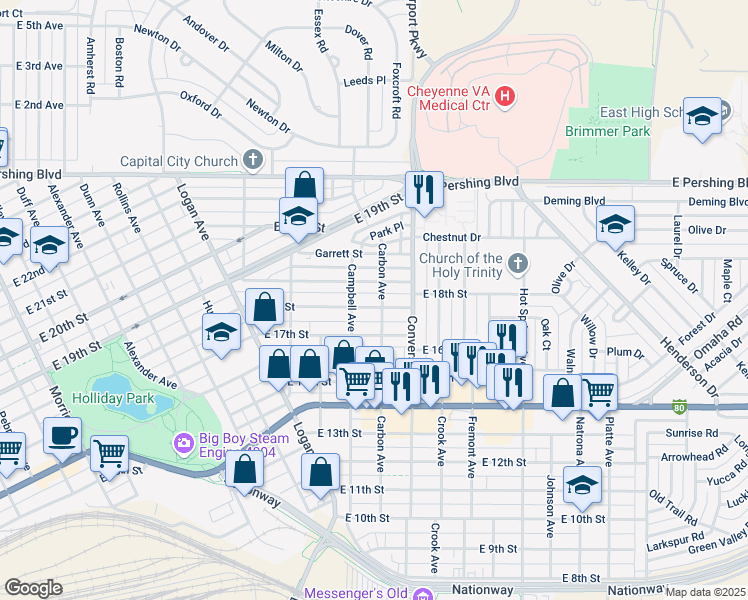 map of restaurants, bars, coffee shops, grocery stores, and more near 2120 E 18th St in Cheyenne