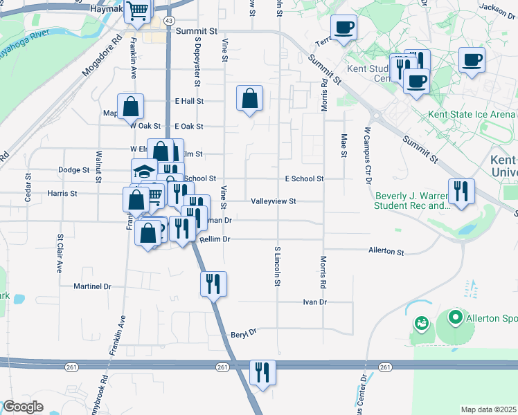 map of restaurants, bars, coffee shops, grocery stores, and more near 406 Valleyview Street in Kent