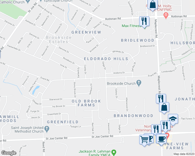 map of restaurants, bars, coffee shops, grocery stores, and more near 5422 Evard Road in Fort Wayne