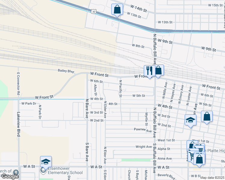 map of restaurants, bars, coffee shops, grocery stores, and more near 500 North Pacific Street in North Platte