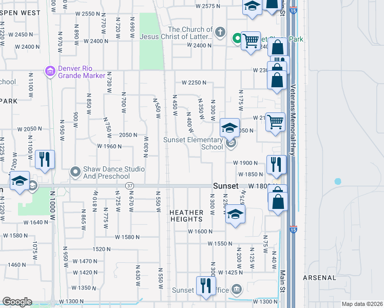 map of restaurants, bars, coffee shops, grocery stores, and more near 390 West 1950 North in Sunset