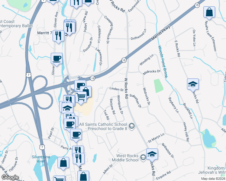 map of restaurants, bars, coffee shops, grocery stores, and more near 58 Linden Street in Norwalk