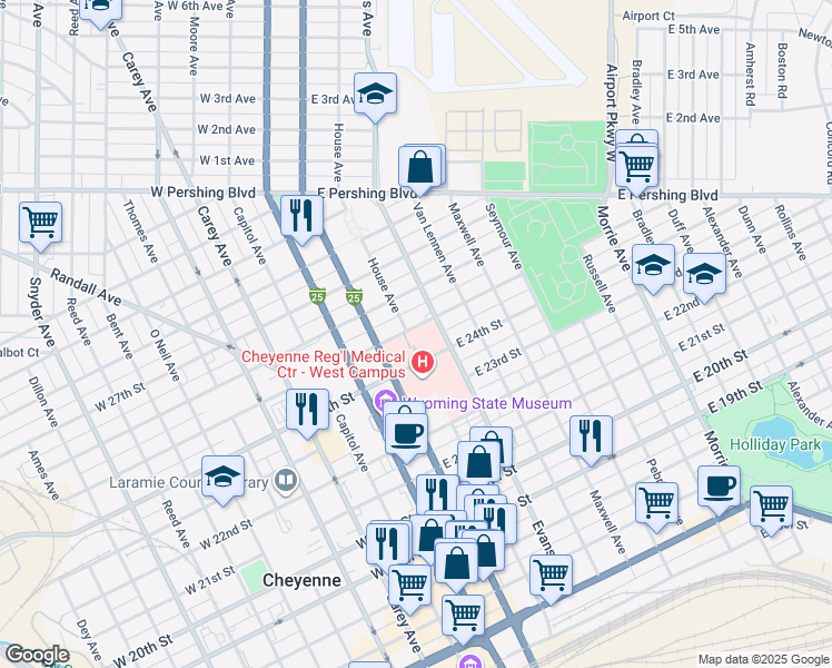map of restaurants, bars, coffee shops, grocery stores, and more near 303 East 25th Street in Cheyenne