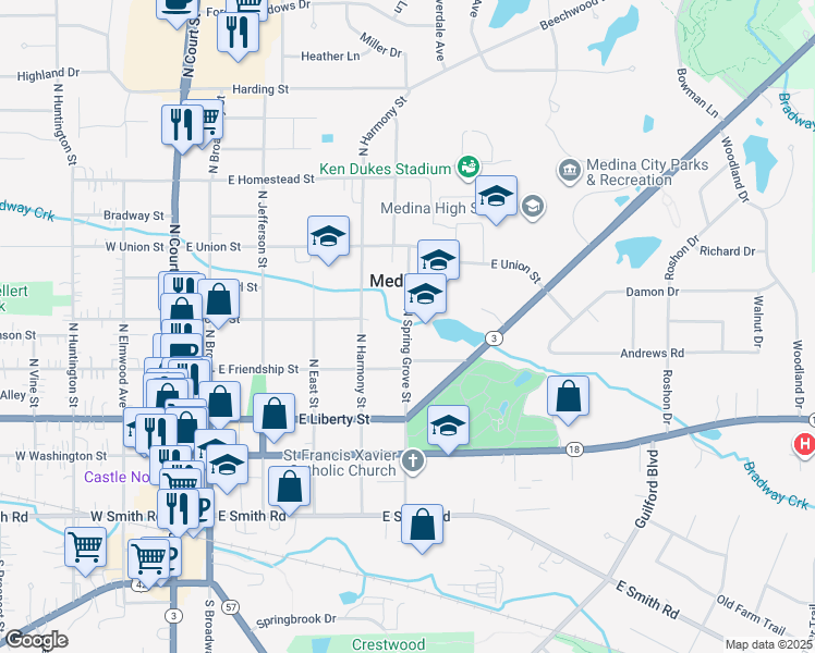 map of restaurants, bars, coffee shops, grocery stores, and more near North Spring Grove Street in Medina