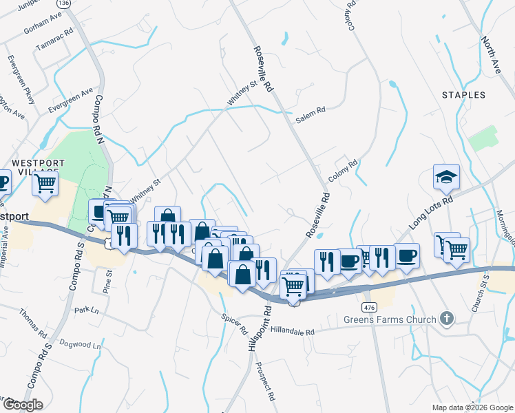 map of restaurants, bars, coffee shops, grocery stores, and more near 31 Webb Road in Westport