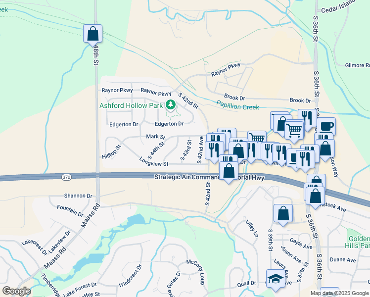 map of restaurants, bars, coffee shops, grocery stores, and more near 11409 South 43rd Street in Bellevue