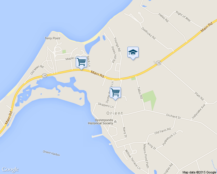 map of restaurants, bars, coffee shops, grocery stores, and more near 310 Oyster Ponds Lane in Orient