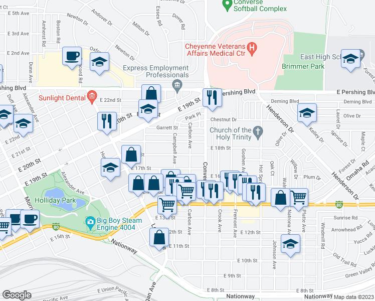 map of restaurants, bars, coffee shops, grocery stores, and more near 2120 East 18th Street in Cheyenne