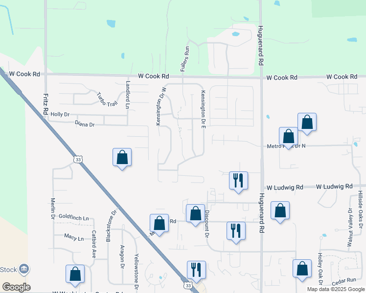 map of restaurants, bars, coffee shops, grocery stores, and more near 6927 Winford Shoals in Fort Wayne