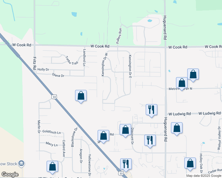 map of restaurants, bars, coffee shops, grocery stores, and more near 6927 Winford Shoals in Fort Wayne