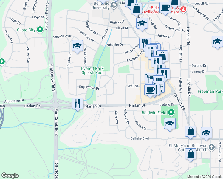 map of restaurants, bars, coffee shops, grocery stores, and more near 307 Westridge Avenue in Bellevue