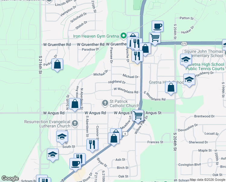map of restaurants, bars, coffee shops, grocery stores, and more near 347 West Westplains Road in Gretna